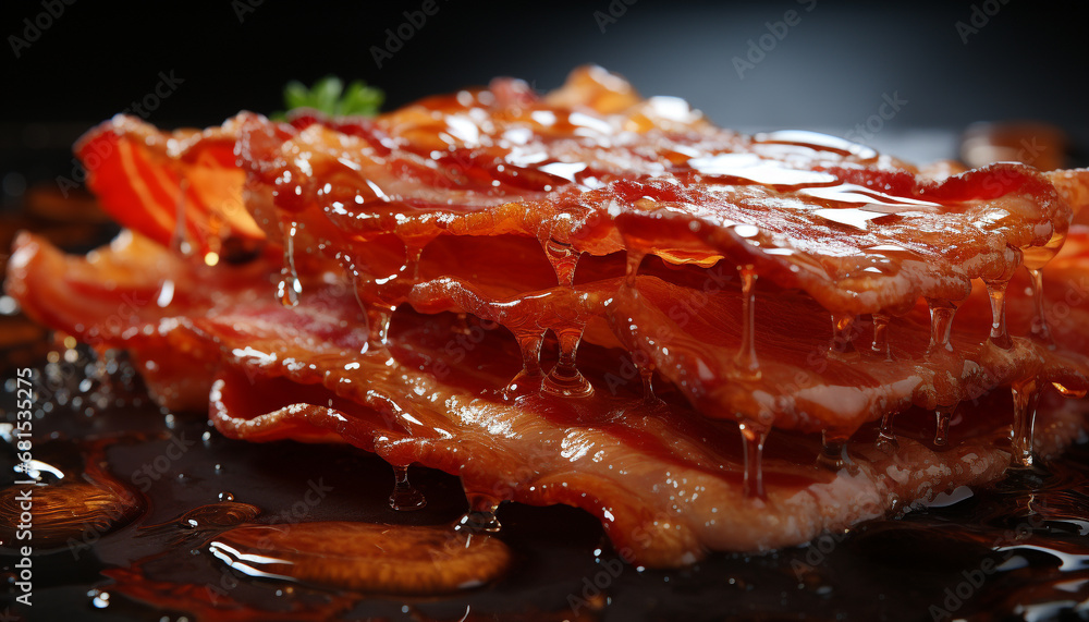 Grilled pork slice, a sweet indulgence on a wooden plate generated by AI