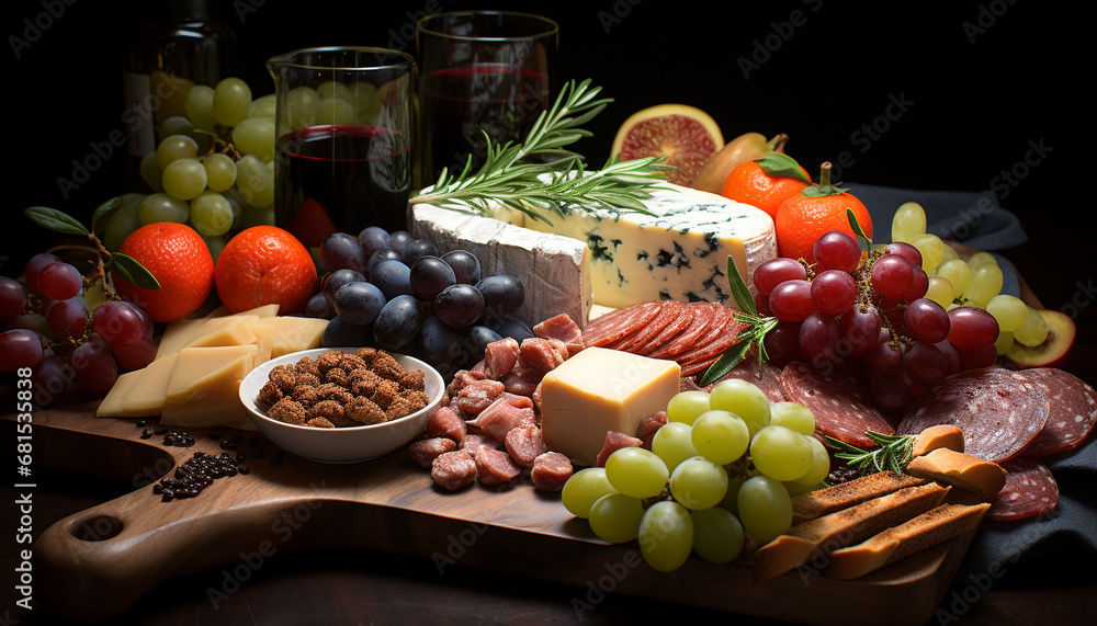 A gourmet buffet fresh fruit, bread, cheese, and wine generated by AI