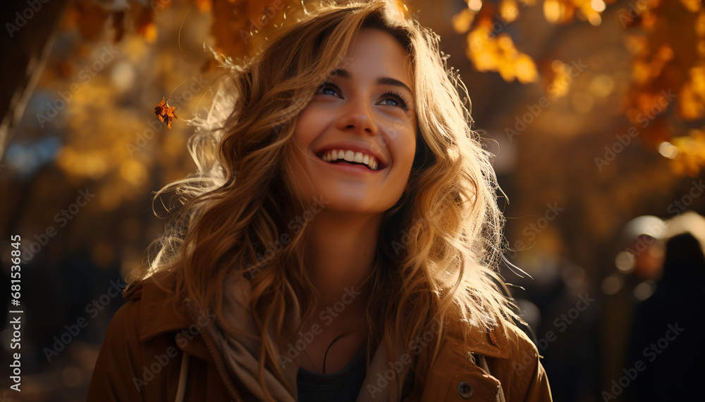 Smiling young woman enjoying autumn beauty in casual clothing generated by AI