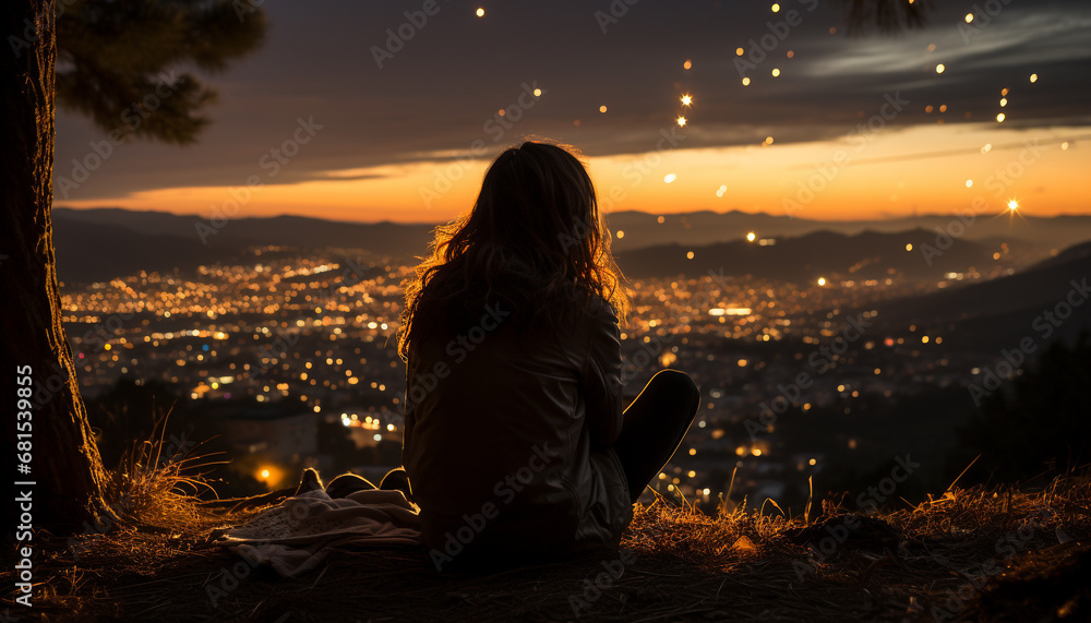 Young woman sitting outdoors, enjoying the sunset over the mountains generated by AI