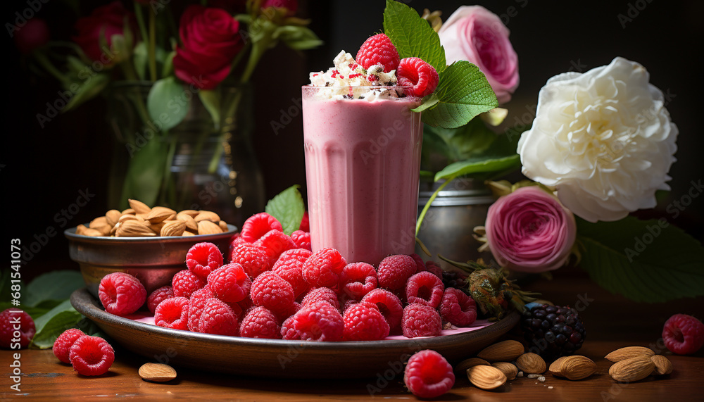 Freshness and nature on a wooden table, berry fruit dessert generated by AI