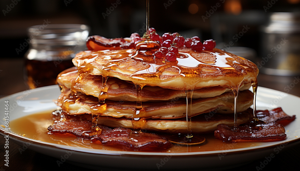 Freshly baked pancakes stacked high with syrup and berries generated by AI