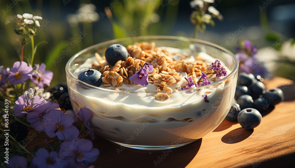 Freshness and sweetness in a homemade blueberry yogurt parfait generated by AI