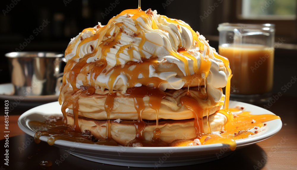 Freshly baked pancake with chocolate syrup and whipped cream generated by AI