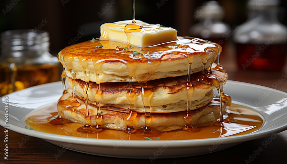 Freshly baked pancakes with honey and syrup, a gourmet delight generated by AI