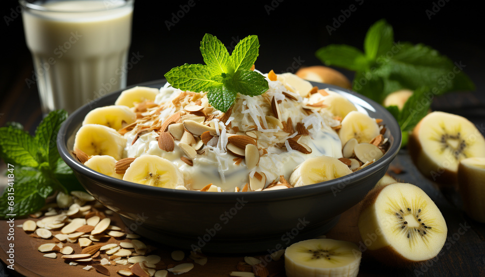 Fresh fruit and yogurt bowl, a healthy and sweet snack generated by AI