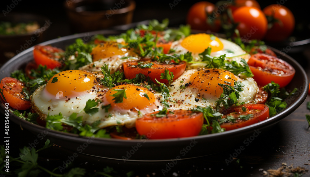 Fresh grilled tomato and vegetable salad on wooden plate generated by AI