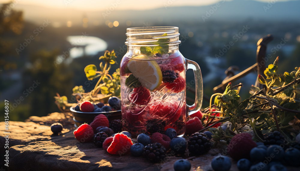 Fresh fruit cocktail on wooden table, perfect summer refreshment generated by AI