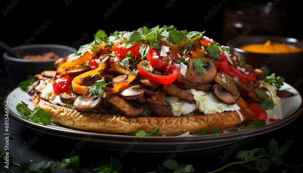 Fresh grilled meat and vegetables on a homemade wooden plate generated by AI