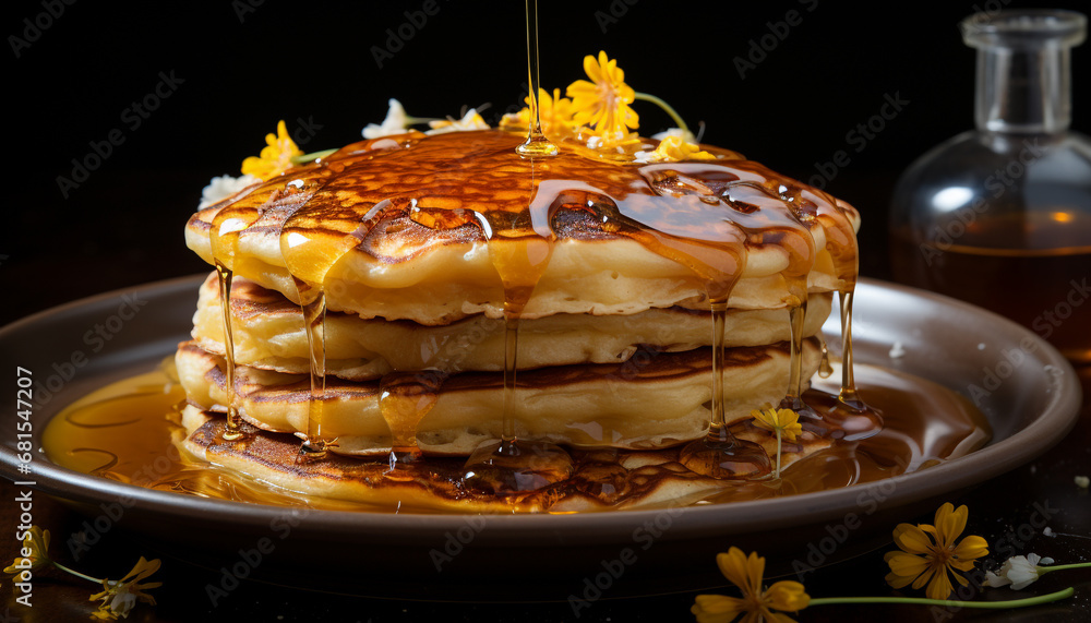 Homemade pancake stack with fresh fruit and sweet syrup generated by AI