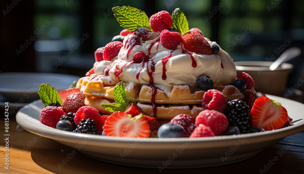 Fresh berry dessert on wooden plate, a gourmet summer indulgence generated by AI