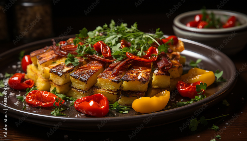 Grilled vegetarian salad, fresh tomato, and homemade bread generated by AI