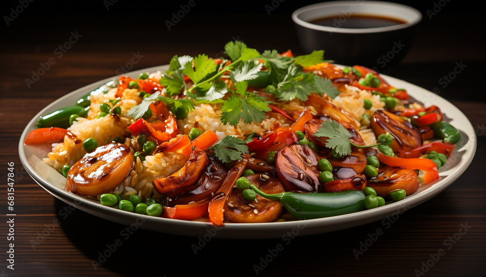 Healthy vegetarian meal fresh salad on wooden plate, gourmet lunch generated by AI