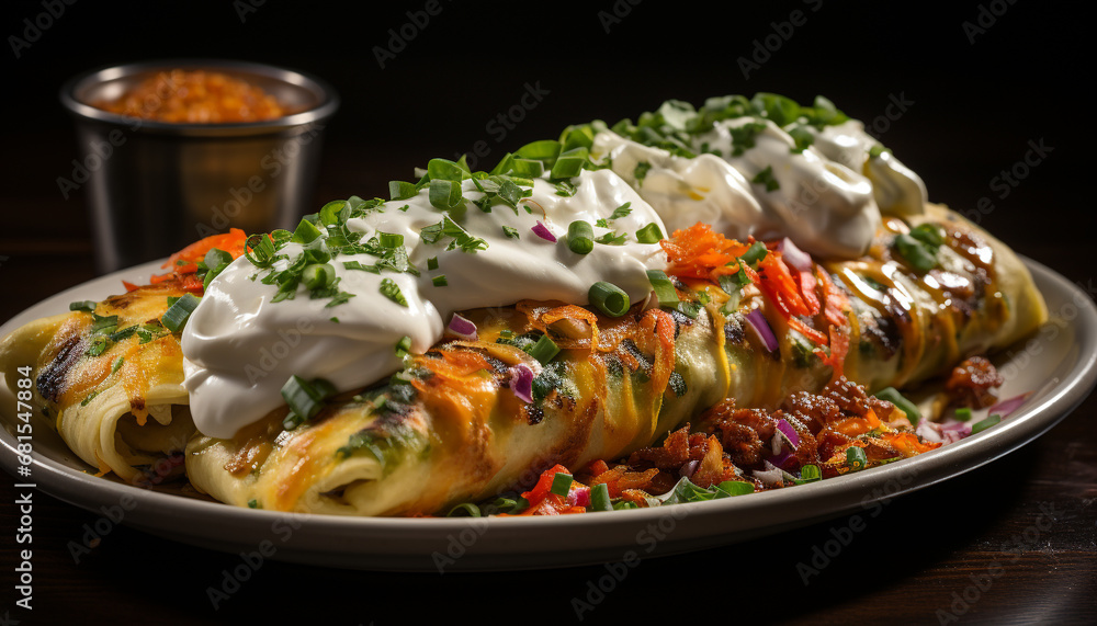 Grilled meat plate with fresh vegetables, savory sauce, and guacamole generated by AI