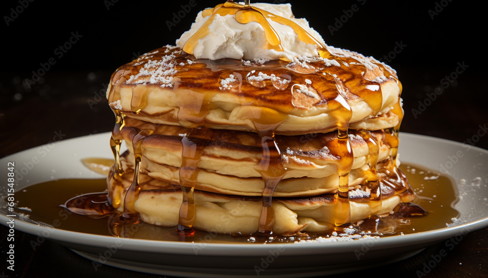 Stack of homemade pancakes with syrup and fresh fruit generated by AI