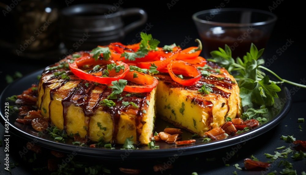 Grilled meat and vegetables on a wooden plate, ready to eat generated by AI