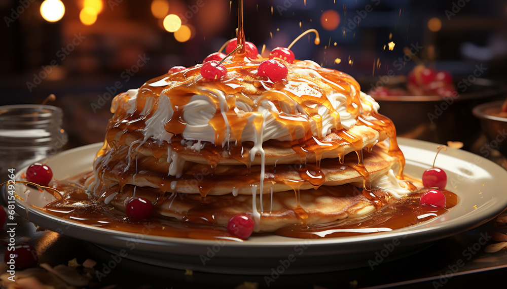 A stack of sweet pancakes with fresh fruit and syrup generated by AI