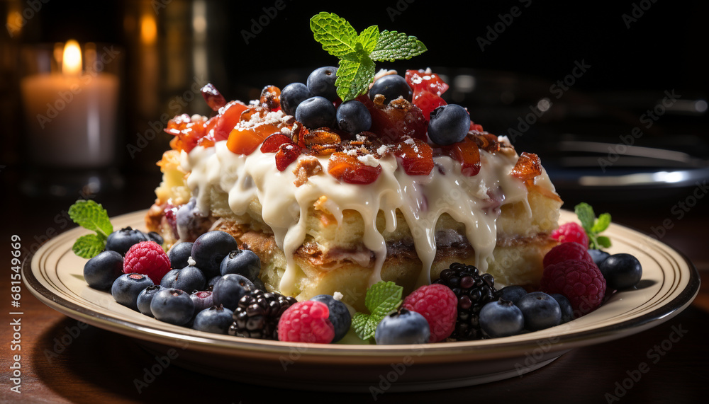 A plate of gourmet berry dessert with fresh mint leaf generated by AI