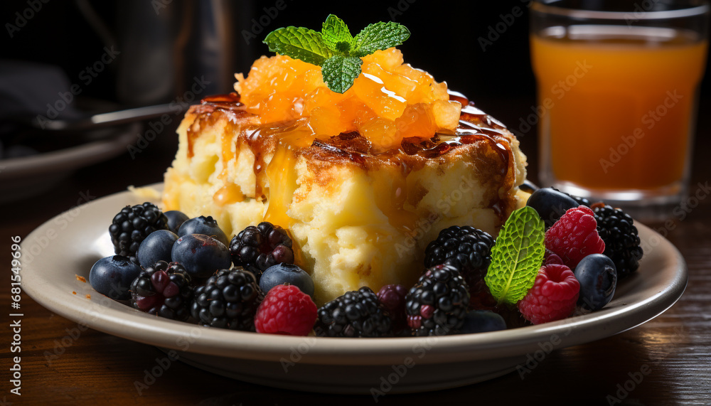 Fresh fruit dessert on wooden plate, a healthy summer snack generated by AI