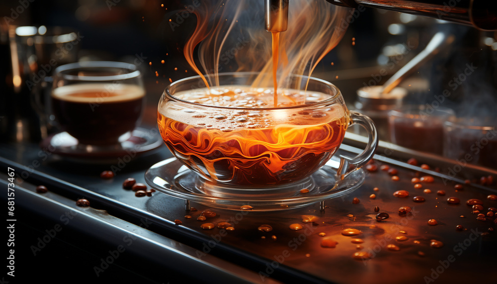 Freshly brewed coffee in a hot cup on a wooden table generated by AI