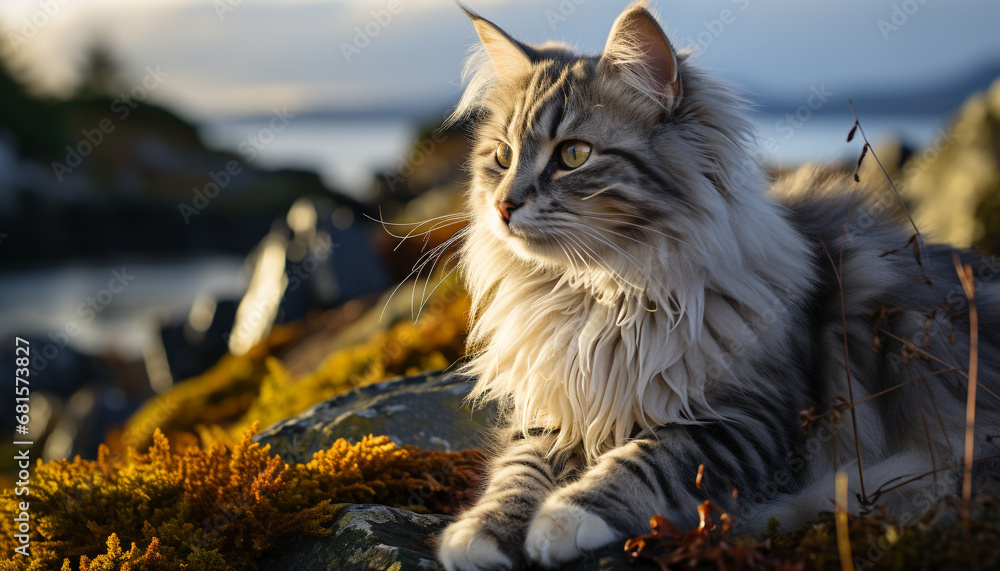 Cute kitten sitting in grass, looking at camera outdoors generated by AI