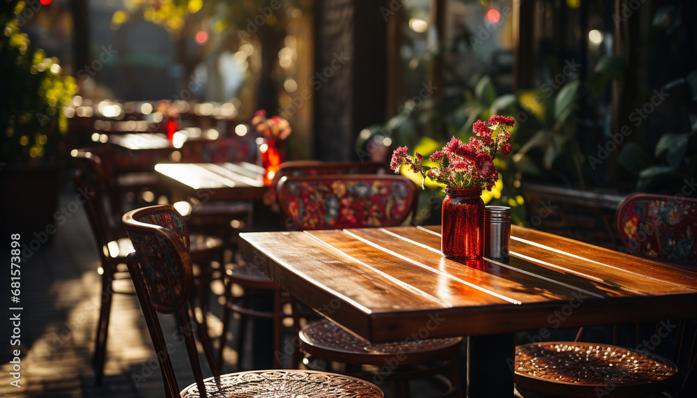 Cozy coffee shop with wooden chairs, city lights illuminate generated by AI