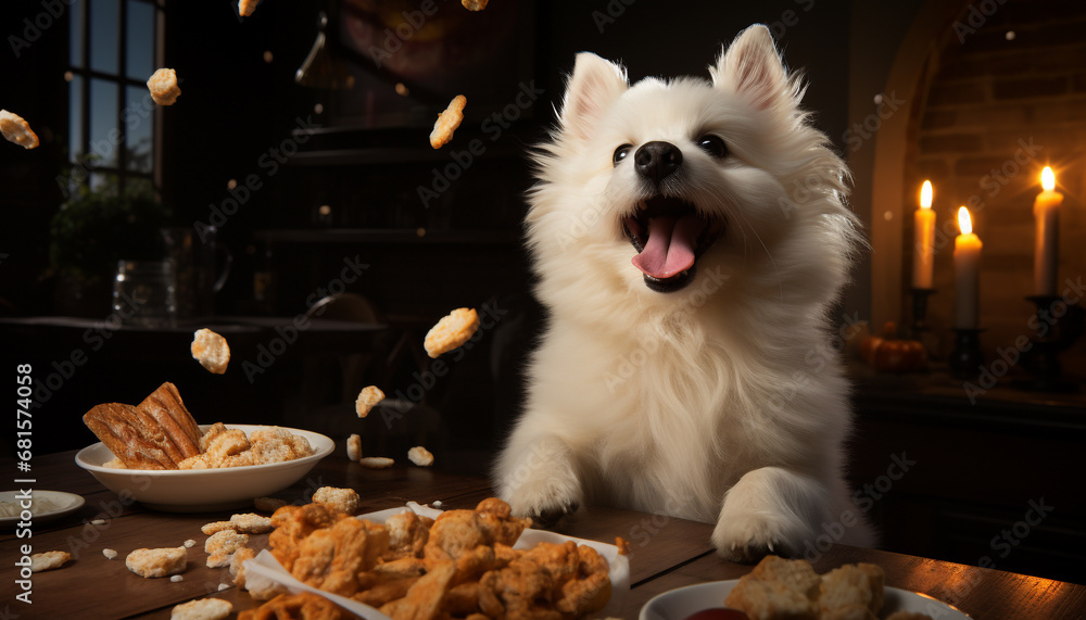 Cute puppy sitting on table, eating chocolate cookie indoors generated by AI