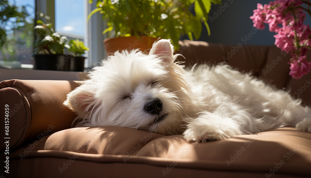 Cute puppy sitting on sofa, looking at camera indoors generated by AI