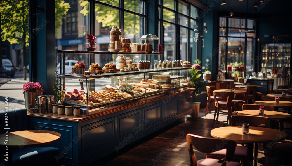 Freshness and variety fill the modern coffee shop wood table generated by AI