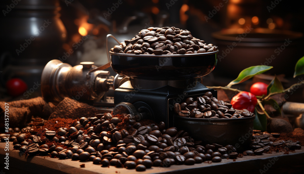 Freshly ground coffee beans on a rustic wooden table generated by AI