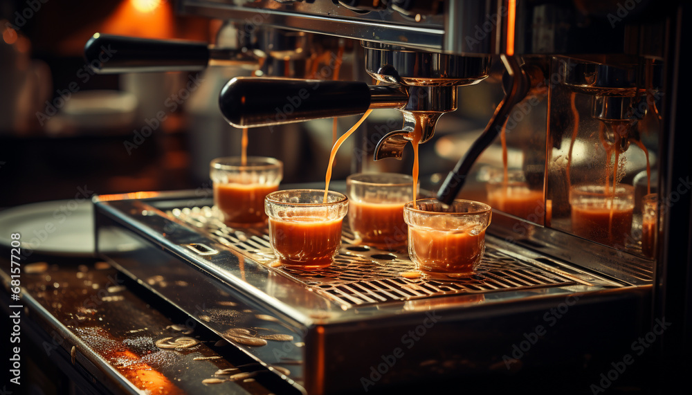 Barista pouring hot coffee into a frothy cappuccino cup generated by AI