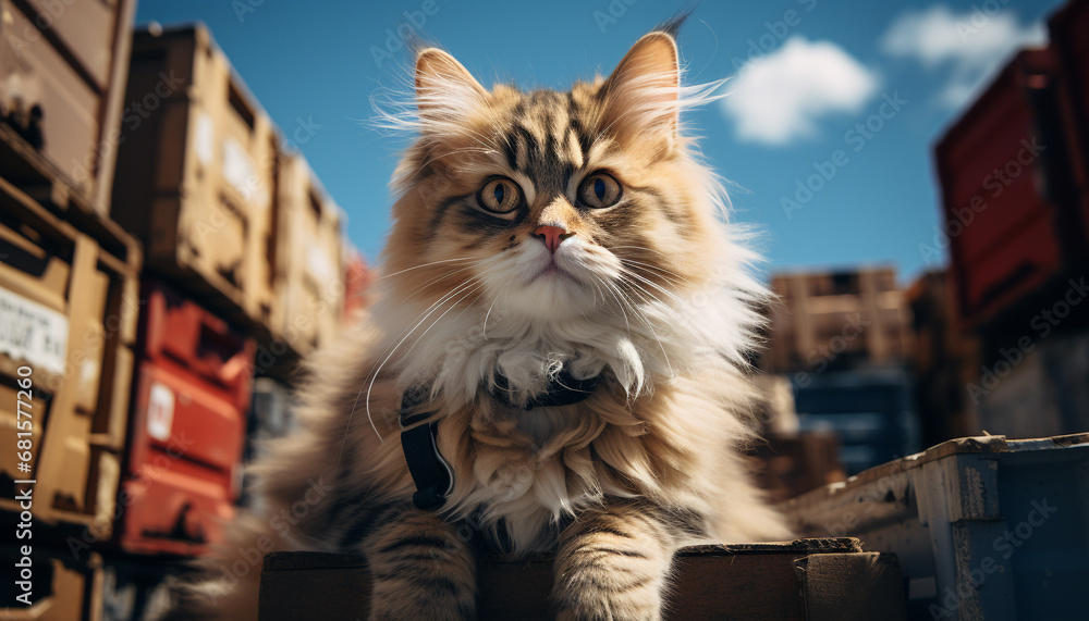 Cute kitten sitting outdoors, looking at camera with curiosity generated by AI