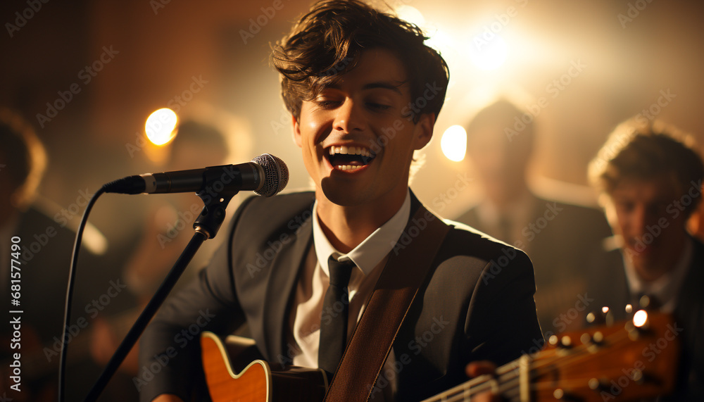 Young adult musician performing on stage with a guitar generated by AI