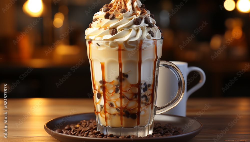 Freshly brewed coffee with creamy whipped cream and chocolate syrup generated by AI