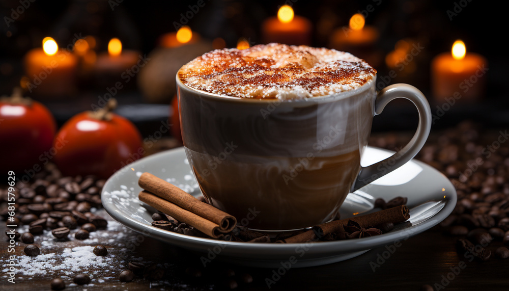 Freshly brewed coffee on a wooden table, warming winter mornings generated by AI