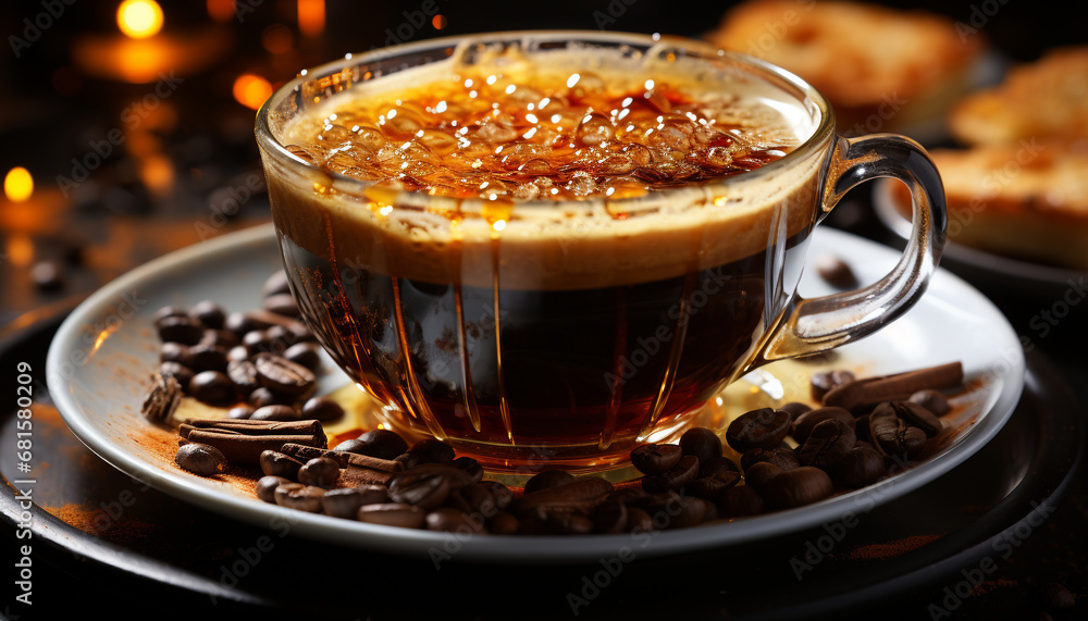 Freshly brewed coffee on a wooden table, a gourmet delight generated by AI