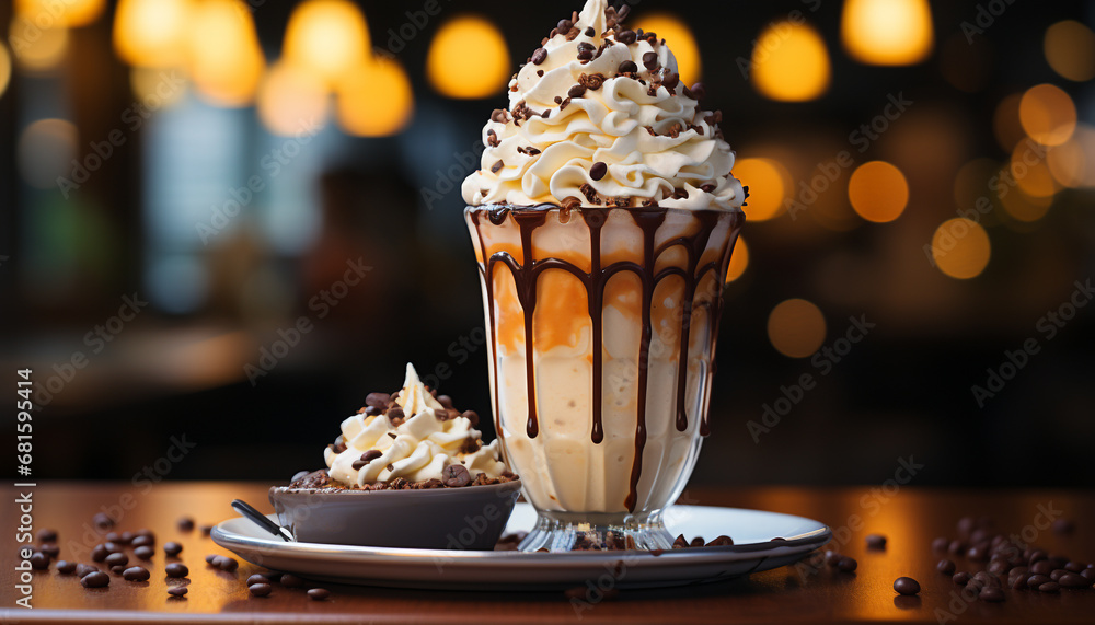 Homemade chocolate ice cream melts on elegant dessert plate generated by AI