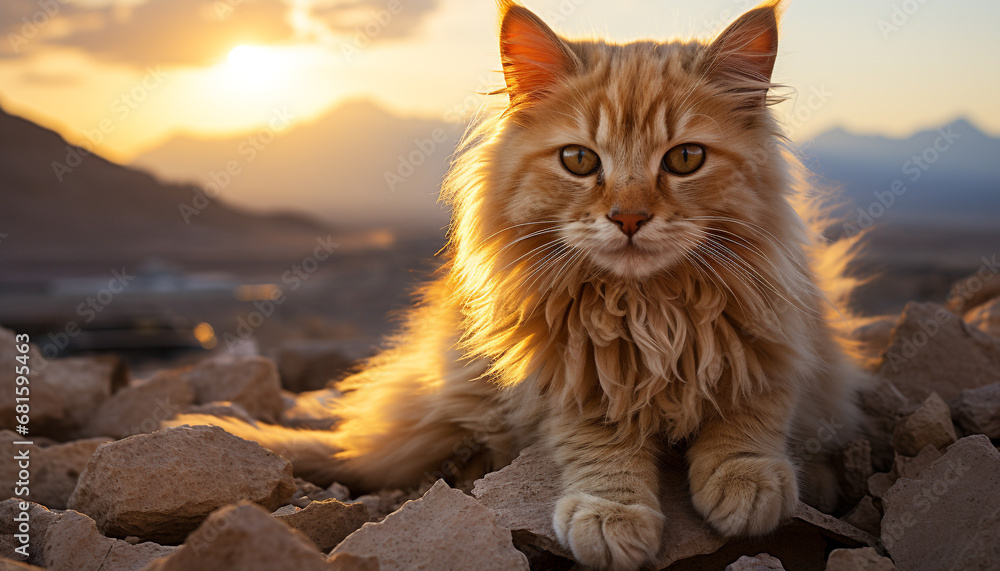 Cute kitten sitting in grass, staring at sunset beauty generated by AI