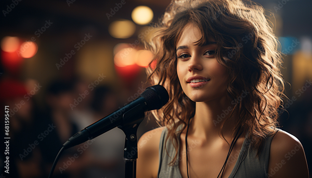 Young adult Caucasian singer performing on stage, microphone in hand generated by AI