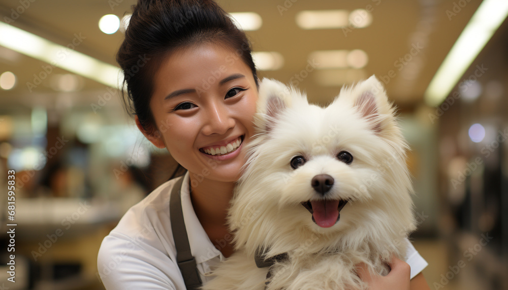 Smiling woman with cute puppy, pure joy in their friendship generated by AI