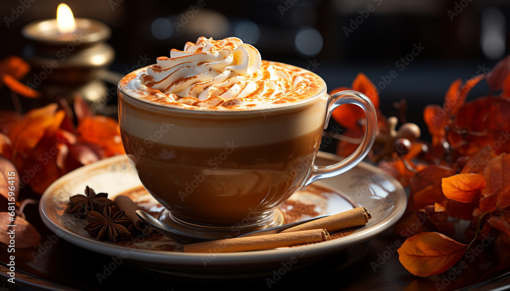 Hot chocolate with whipped cream on a rustic wooden table generated by AI