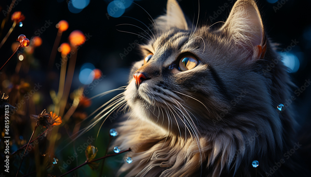 Cute kitten sitting outdoors, staring at camera, surrounded by nature generated by AI