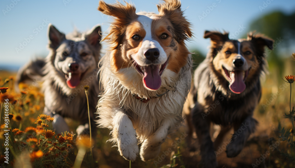 A cute puppy running in the grass, pure happiness outdoors generated by AI