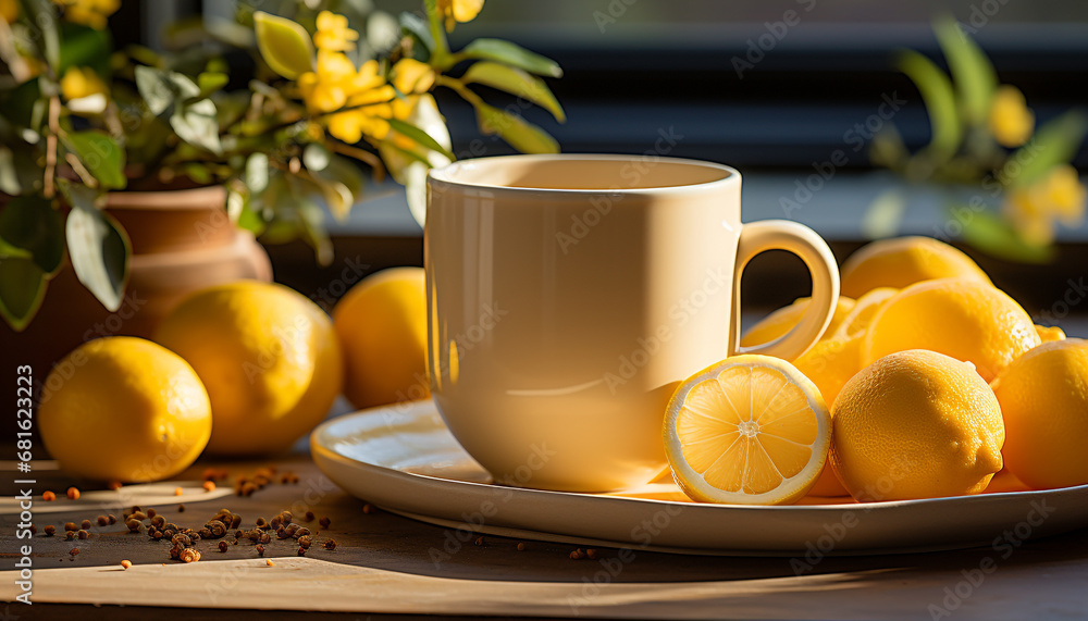 Fresh lemon slice on wooden table, refreshing summer drink generated by AI