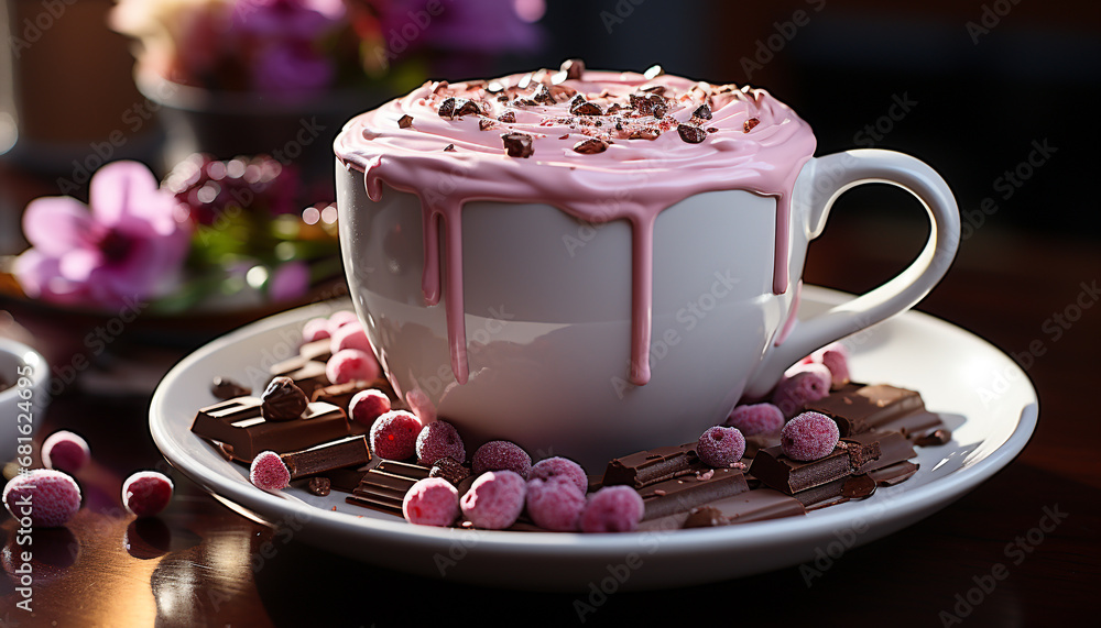 Gourmet dessert hot chocolate with marshmallow, raspberry, and cappuccino generated by AI