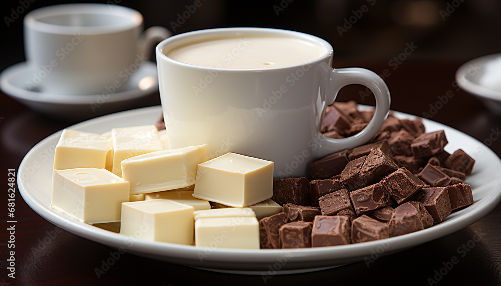 Fresh milk and chocolate dessert on rustic wooden table generated by AI