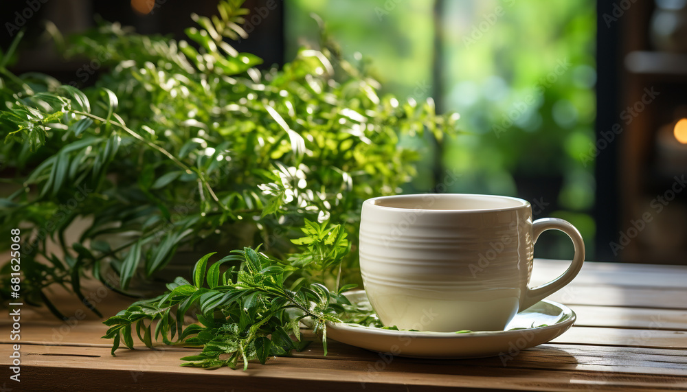 Fresh coffee in a wooden cup, nature perfect relaxation generated by AI