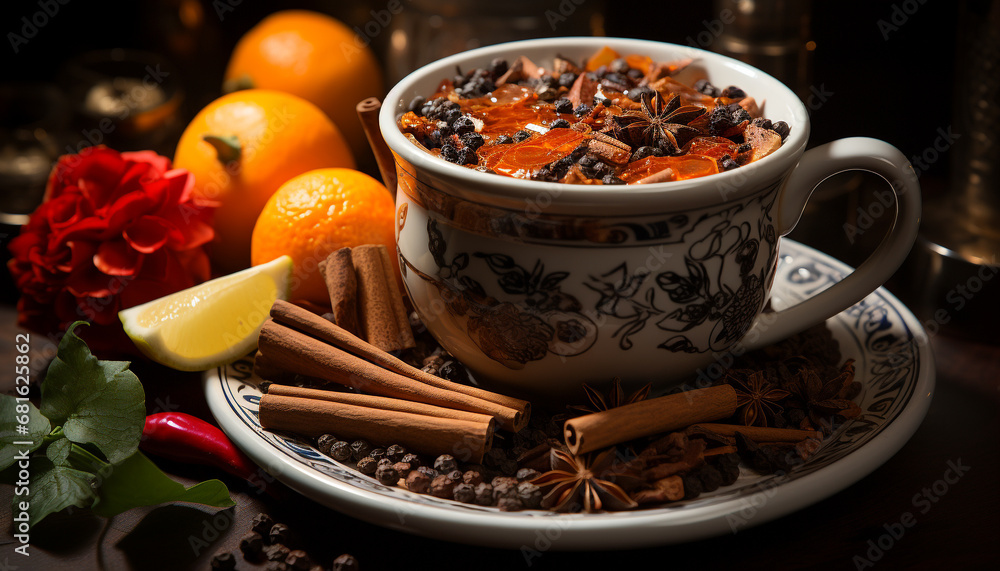 Hot drink on wooden table, spices add warmth and flavor generated by AI