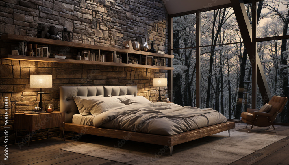 Cozy modern bedroom with elegant wood design, illuminated by electric lamp generated by AI