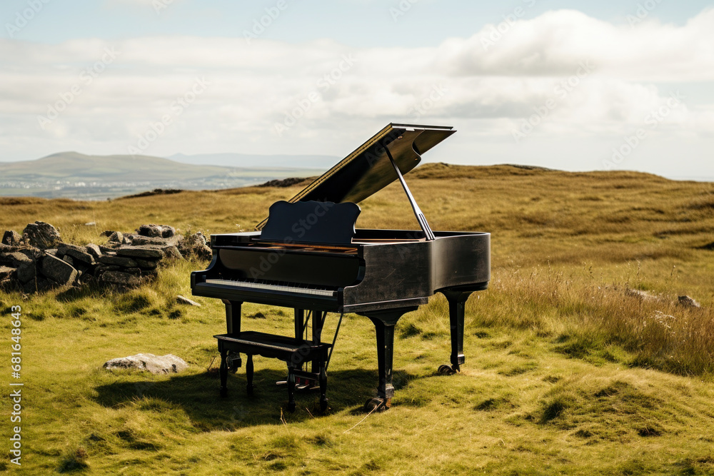 Grand piano on a grassy hill overlooking the sea